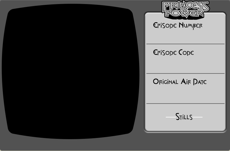 A television, with sections on the right reading from top to bottom: Episode Number, Episode Code, Original Air Date, and Stills.